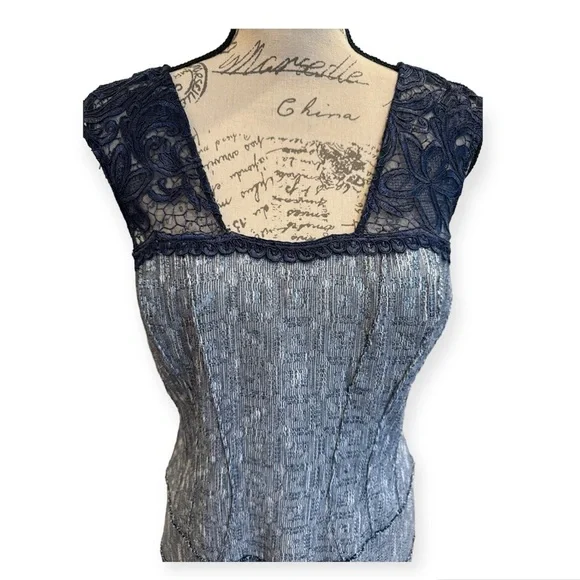 Kay Unger Sheath Dress Navy Blue Lace and Pewter Tweed Womens Size 12 - Picture 2 of 16